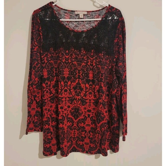 Christopher And Banks Womens 2x Black Red Paisley Blouse Goth Punk Lace Top - Picture 1 of 7
